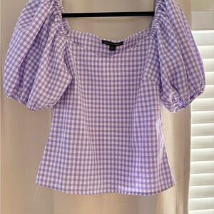 Boston Proper Lavender Checkered Puff Sleeve Blouse